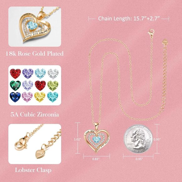 Sterling Silver Double Heart Birthstone Necklace for Women Gift - Picture 4 of 6